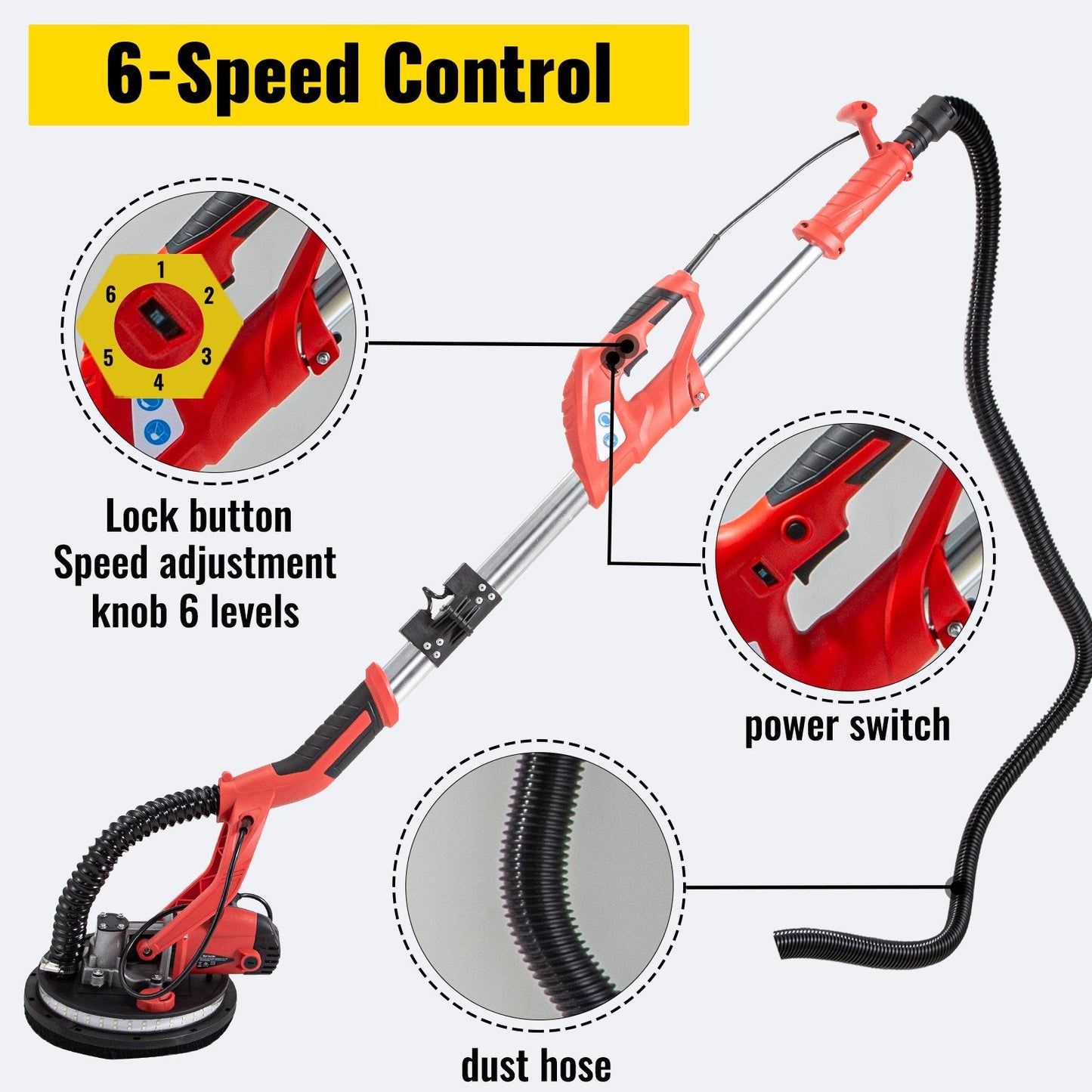Electric Drywall Sander 750W with LED, Extendable 1.4-1.9m, 6-Speed Control
