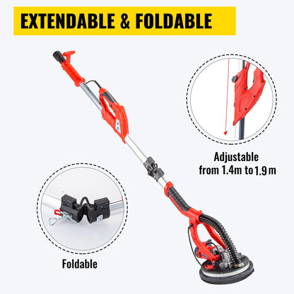 Electric Drywall Sander 750W with LED, Extendable 1.4-1.9m, 6-Speed Control