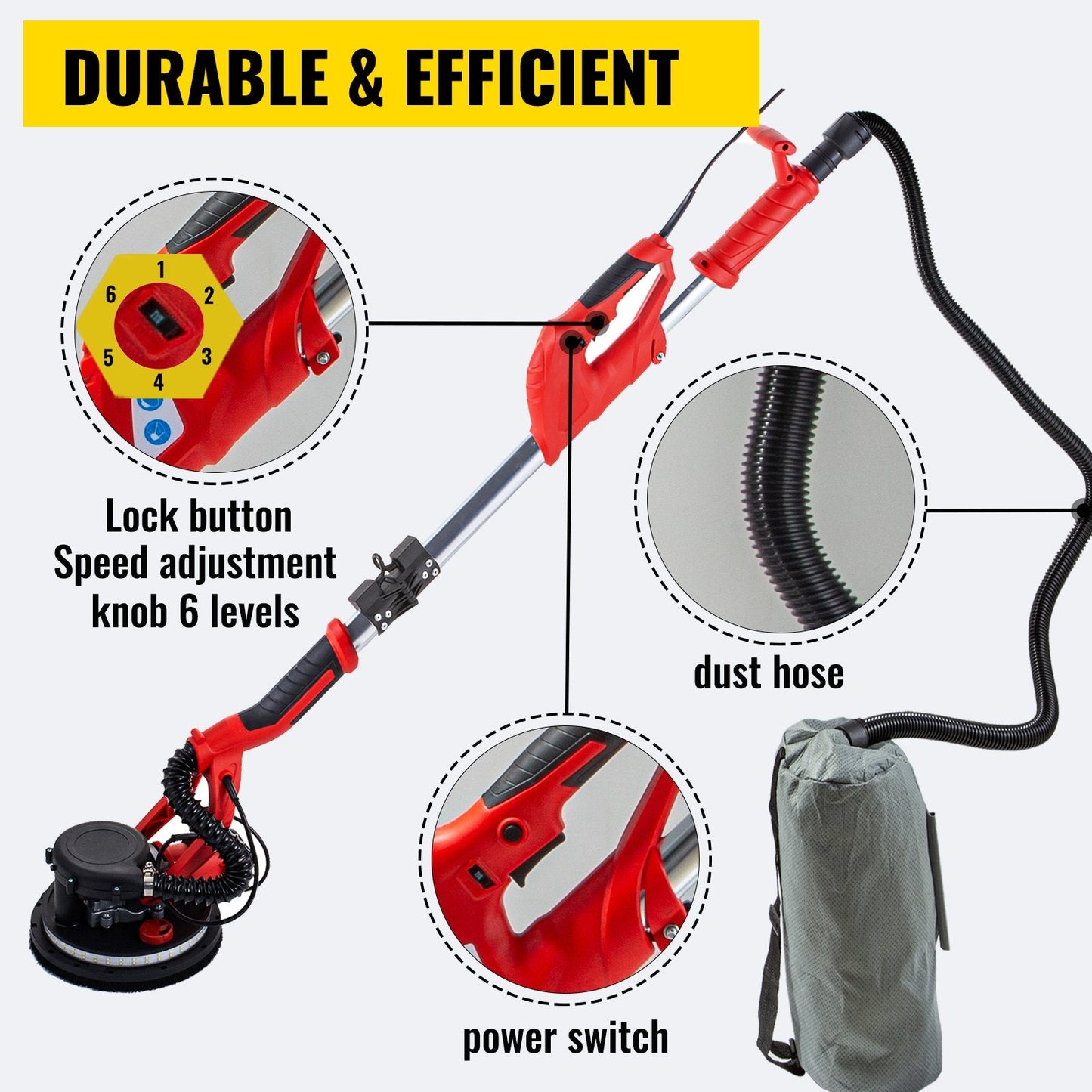 Electric Drywall Sander 750W with Vacuum, Adjustable Length 1.4m-1.9m