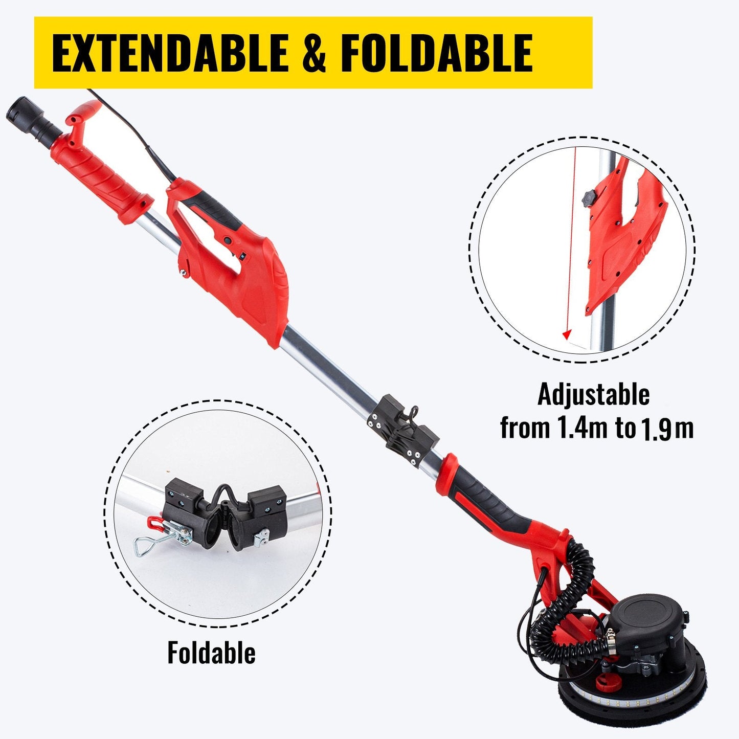 Electric Drywall Sander 750W with Vacuum, Adjustable Length 1.4m-1.9m