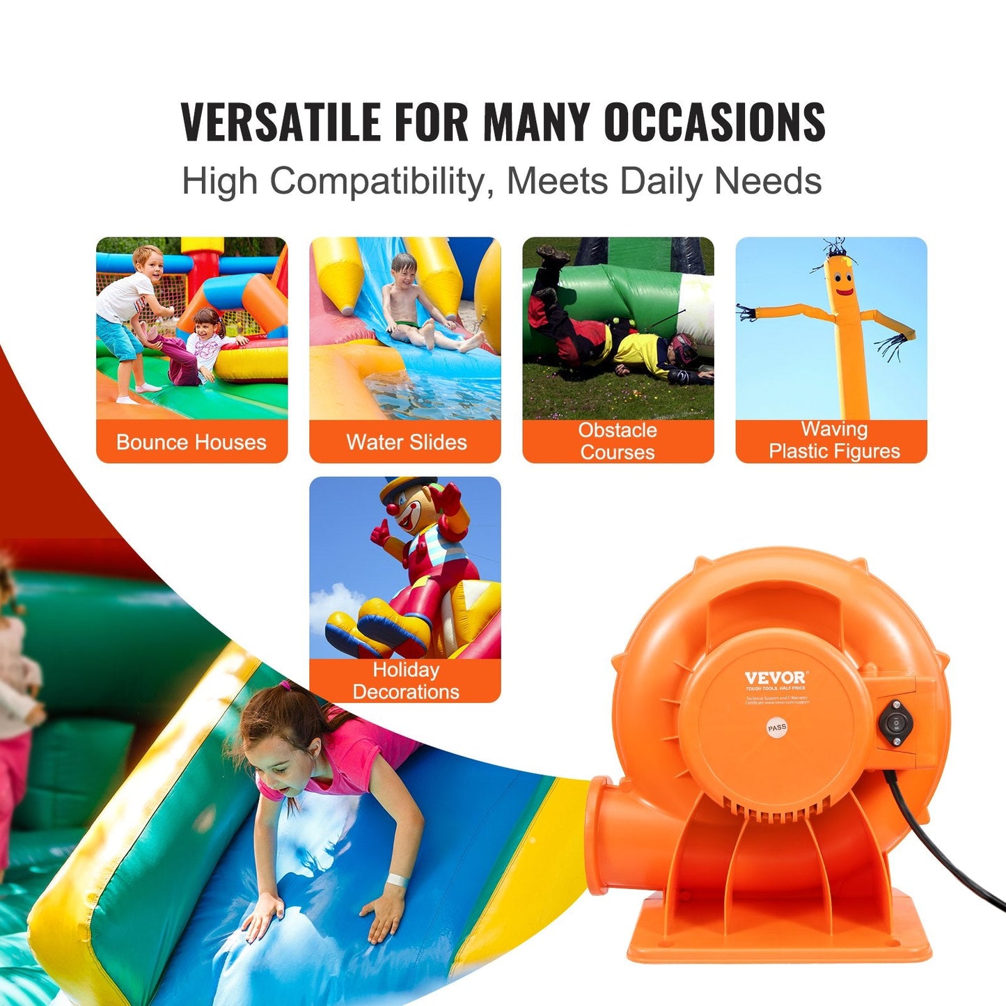 Inflatable Bounce House Air Pump 900W, 3300 RPM, Waterproof & Low-Noise