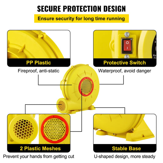 Inflatable Bounce House Air Blower Pump 450W, 0.6HP, 450 m³/h, Yellow