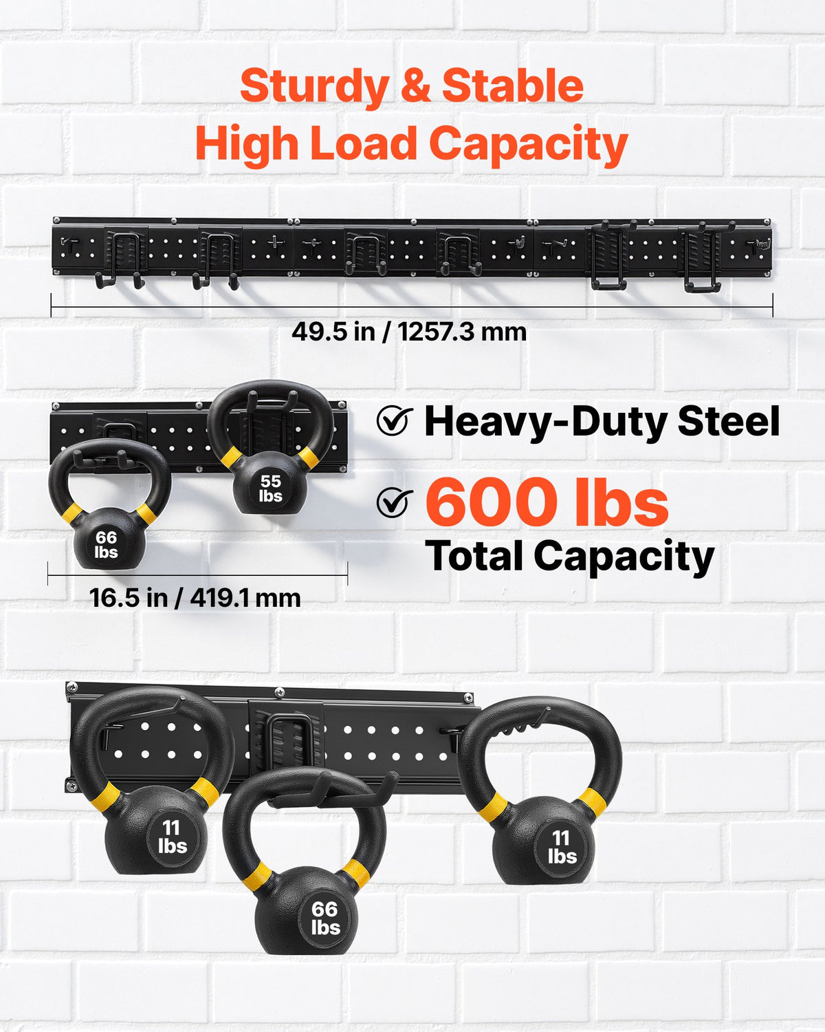 Garage Tool Organizer 1257.3 mm 272 kg Wall Mount Garden Tool Rack, Heavy Duty Garage Hanging Storage Rack Organization with 3 Rails and 12 Adjustable Hooks, for Yard Tools, Shovel, Rake, Shed