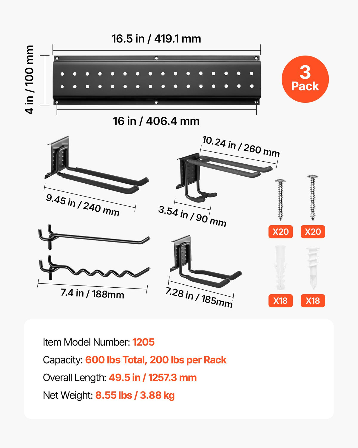 Garage Tool Organizer 1257.3 mm 272 kg Wall Mount Garden Tool Rack, Heavy Duty Garage Hanging Storage Rack Organization with 3 Rails and 12 Adjustable Hooks, for Yard Tools, Shovel, Rake, Shed
