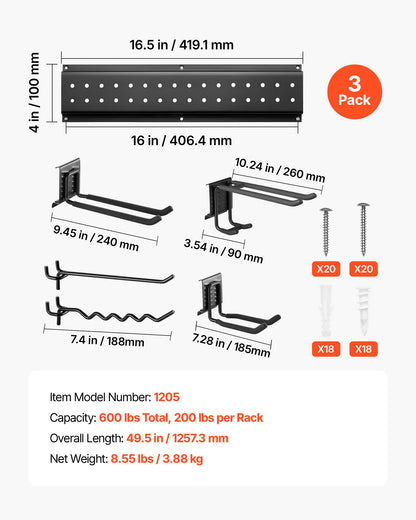 Garage Tool Organizer 1257.3 mm 272 kg Wall Mount Garden Tool Rack, Heavy Duty Garage Hanging Storage Rack Organization with 3 Rails and 12 Adjustable Hooks, for Yard Tools, Shovel, Rake, Shed