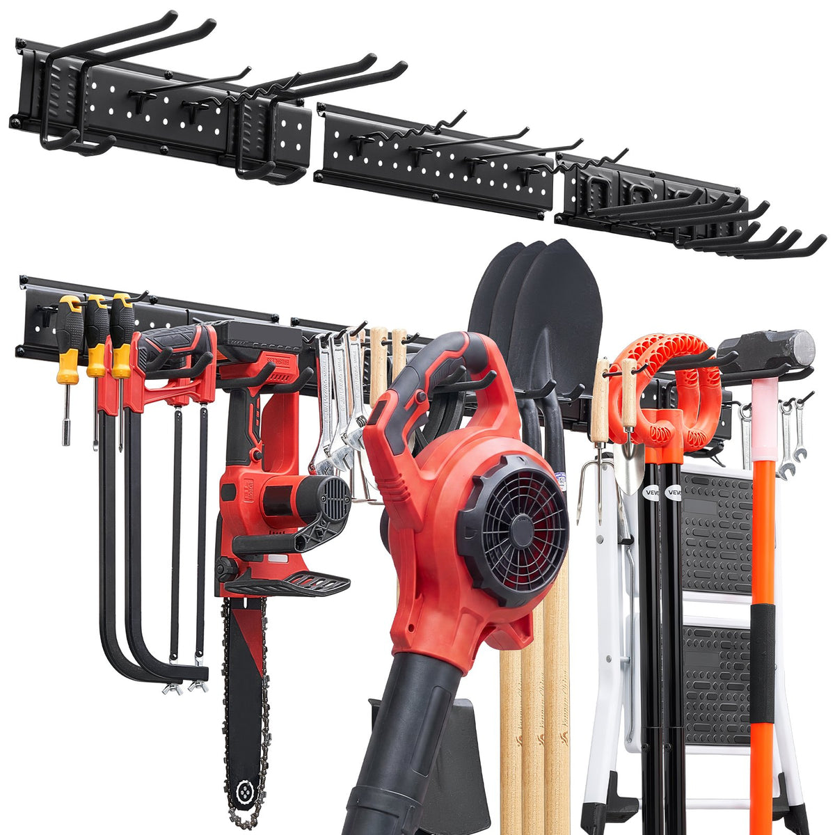 Garage Tool Organizer 1257.3 mm 272 kg Wall Mount Garden Tool Rack, Heavy Duty Garage Hanging Storage Rack Organization with 3 Rails and 12 Adjustable Hooks, for Yard Tools, Shovel, Rake, Shed