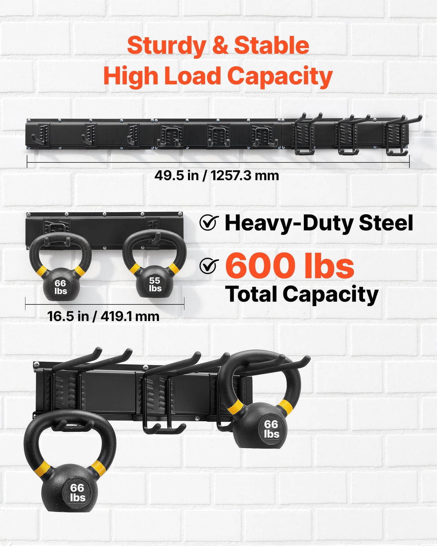 Garage Tool Organizer 1257.3 mm 272 kg Wall Mount Garden Tool Rack, Heavy Duty Garage Hanging Storage Rack Organization with 3 Rails and 9 Adjustable Hooks, for Yard Tools, Shovel, Rake, Shed
