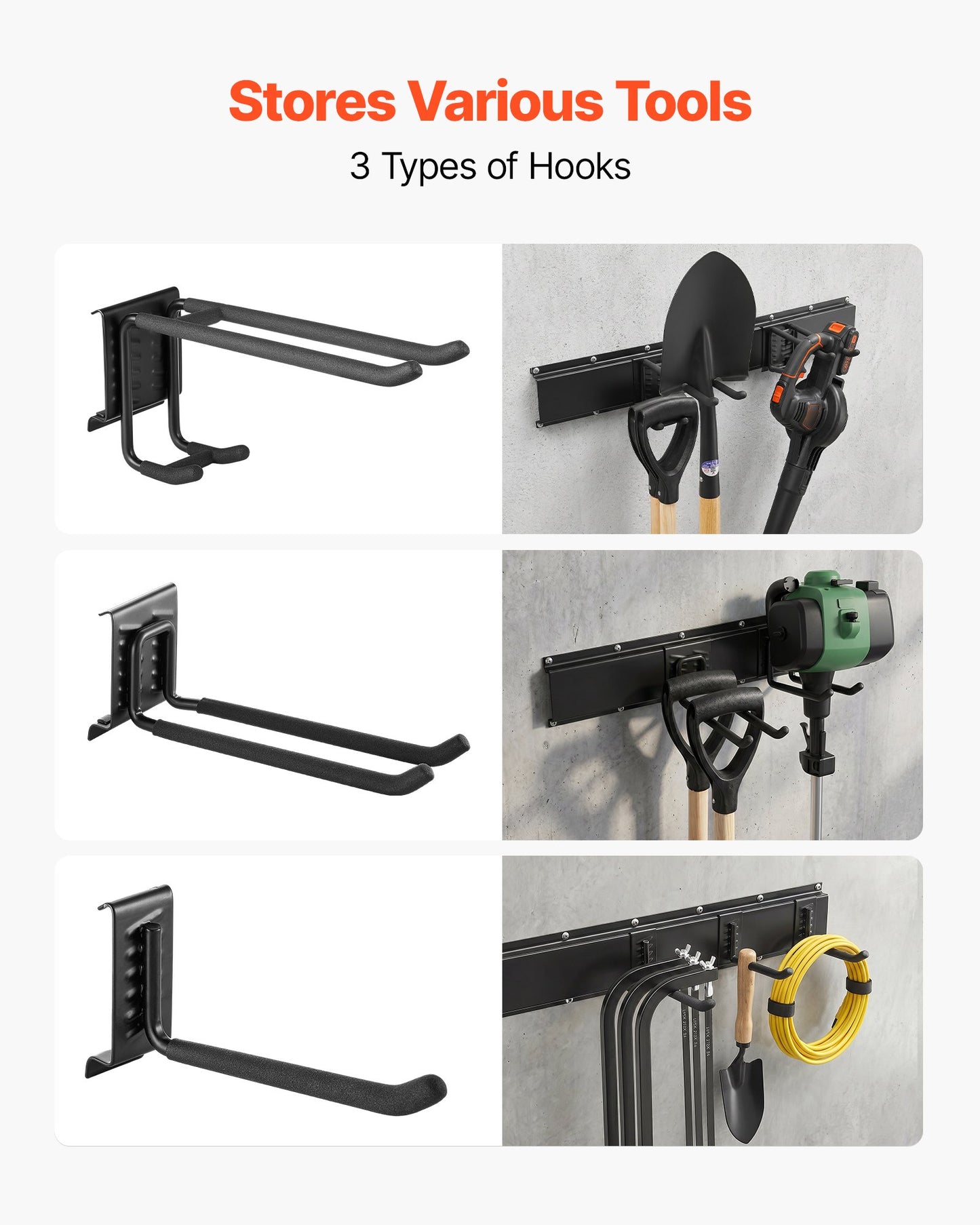 Garage Tool Organizer 1257.3 mm 272 kg Wall Mount Garden Tool Rack, Heavy Duty Garage Hanging Storage Rack Organization with 3 Rails and 9 Adjustable Hooks, for Yard Tools, Shovel, Rake, Shed