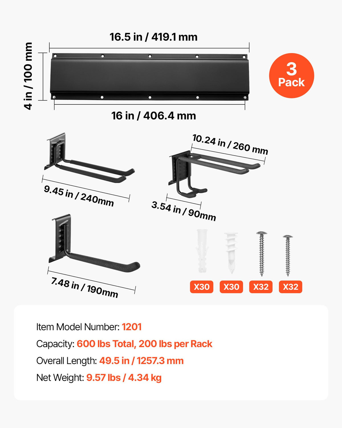 Garage Tool Organizer 1257.3 mm 272 kg Wall Mount Garden Tool Rack, Heavy Duty Garage Hanging Storage Rack Organization with 3 Rails and 9 Adjustable Hooks, for Yard Tools, Shovel, Rake, Shed