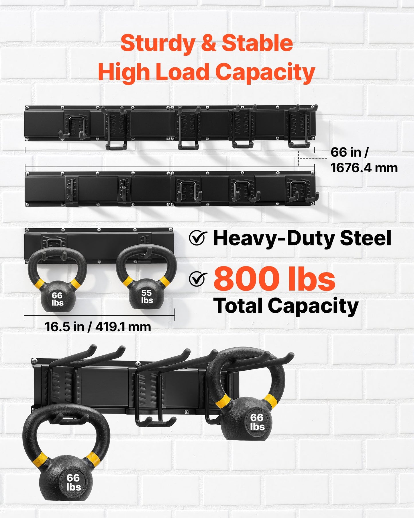 Garage Tool Organizer 1676.4 mm 363 kg Wall Mount Garden Tool Rack, Heavy Duty Garage Hanging Storage Rack Organization with 4 Rails and 10 Adjustable Hooks, for Yard Tools, Shovel, Rake, Shed