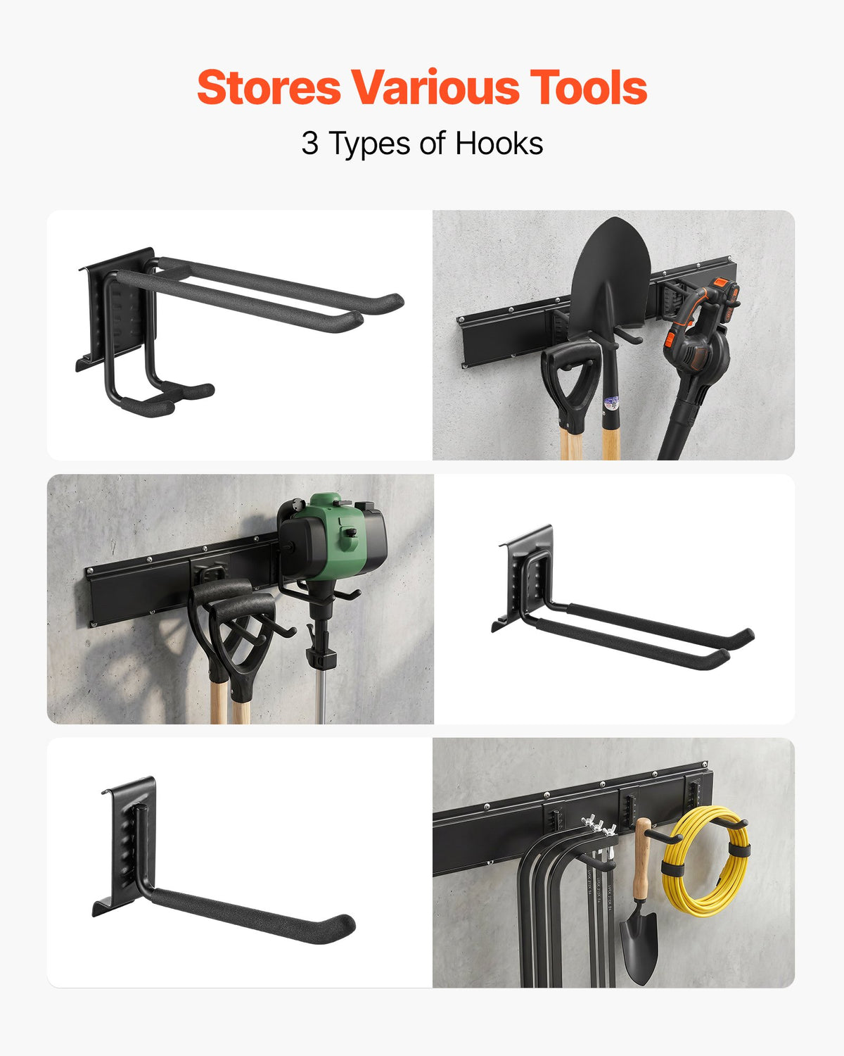 Garage Tool Organizer 1676.4 mm 363 kg Wall Mount Garden Tool Rack, Heavy Duty Garage Hanging Storage Rack Organization with 4 Rails and 10 Adjustable Hooks, for Yard Tools, Shovel, Rake, Shed