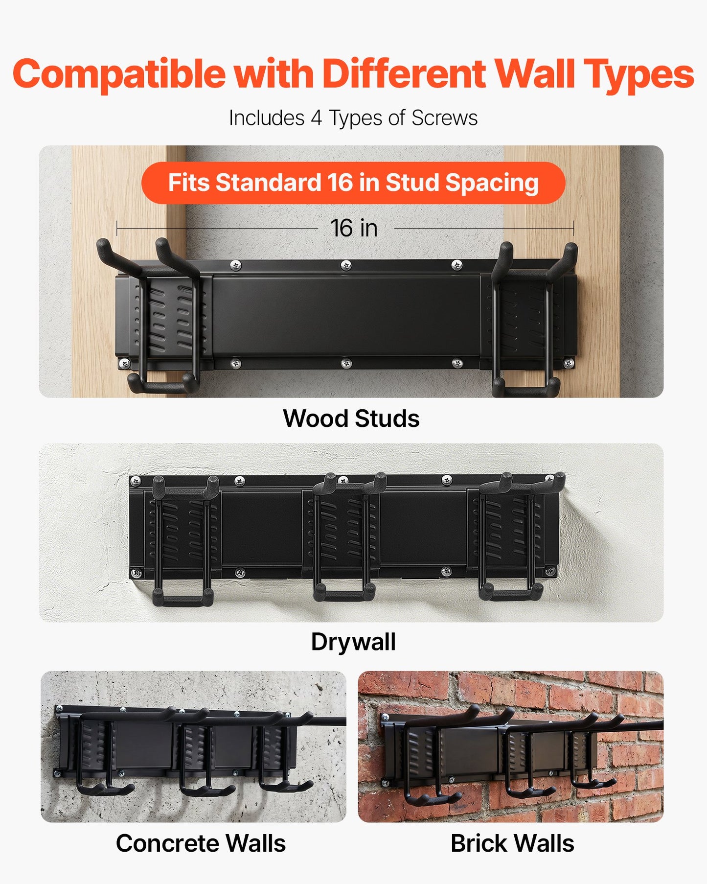 Garage Tool Organizer 1676.4 mm 363 kg Wall Mount Garden Tool Rack, Heavy Duty Garage Hanging Storage Rack Organization with 4 Rails and 10 Adjustable Hooks, for Yard Tools, Shovel, Rake, Shed