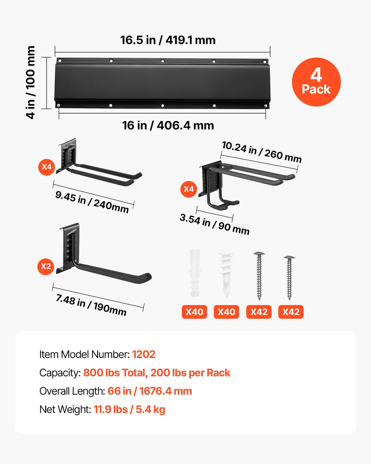 Garage Tool Organizer 1676.4 mm 363 kg Wall Mount Garden Tool Rack, Heavy Duty Garage Hanging Storage Rack Organization with 4 Rails and 10 Adjustable Hooks, for Yard Tools, Shovel, Rake, Shed