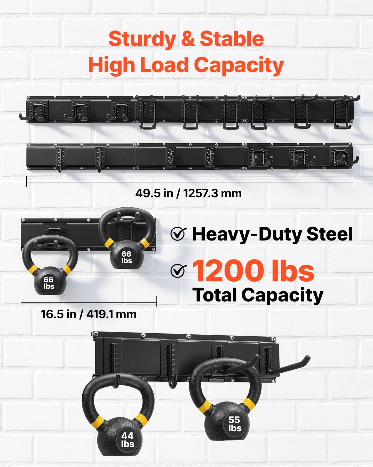 Garage Tool Organizer 2514.6 mm 544 kg Wall Mount Garden Tool Rack, Heavy Duty Garage Hanging Storage Rack Organization with 6 Rails and 16 Adjustable Hooks, for Yard Tools, Shovel, Rake, Shed