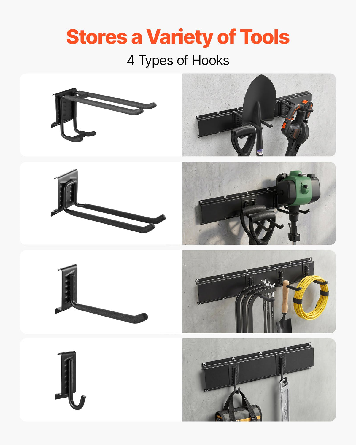 Garage Tool Organizer 2514.6 mm 544 kg Wall Mount Garden Tool Rack, Heavy Duty Garage Hanging Storage Rack Organization with 6 Rails and 16 Adjustable Hooks, for Yard Tools, Shovel, Rake, Shed