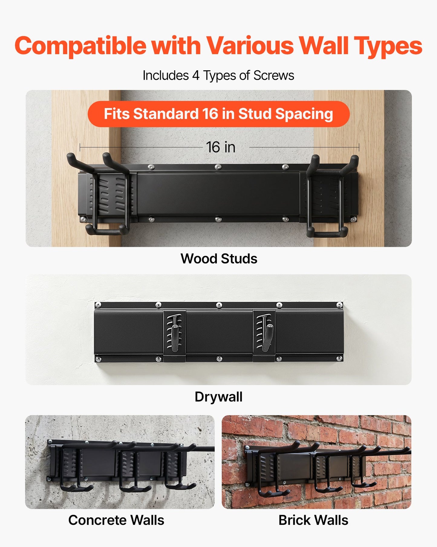 Garage Tool Organizer 2514.6 mm 544 kg Wall Mount Garden Tool Rack, Heavy Duty Garage Hanging Storage Rack Organization with 6 Rails and 16 Adjustable Hooks, for Yard Tools, Shovel, Rake, Shed