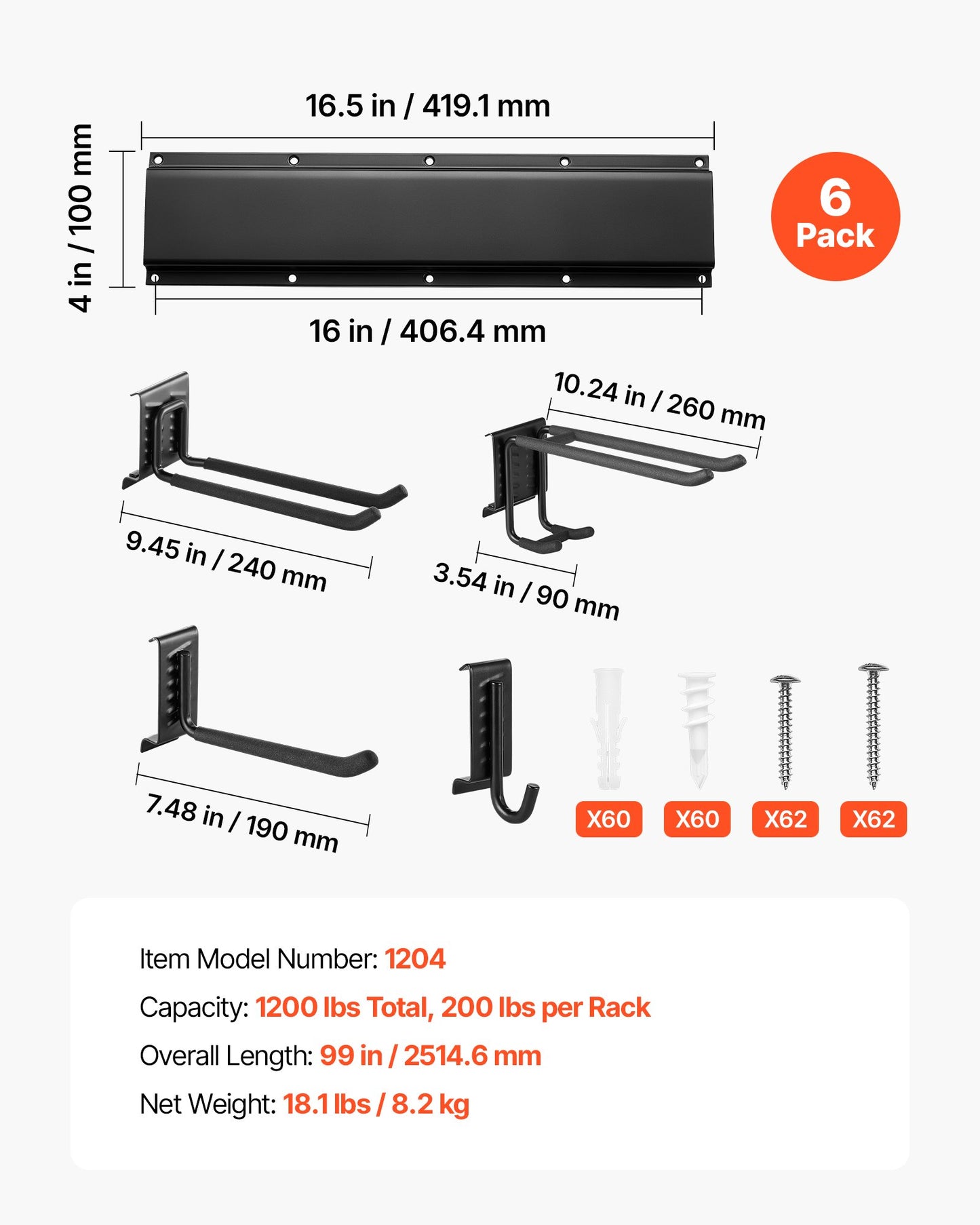 Garage Tool Organizer 2514.6 mm 544 kg Wall Mount Garden Tool Rack, Heavy Duty Garage Hanging Storage Rack Organization with 6 Rails and 16 Adjustable Hooks, for Yard Tools, Shovel, Rake, Shed