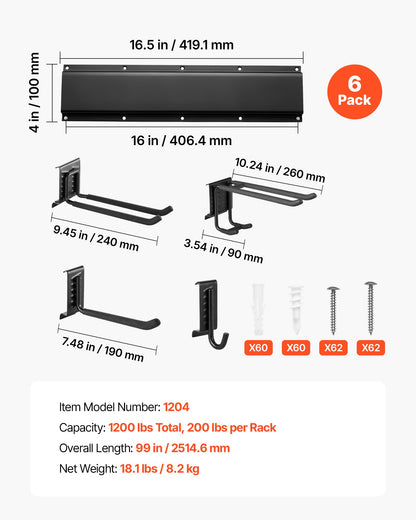 Garage Tool Organizer 2514.6 mm 544 kg Wall Mount Garden Tool Rack, Heavy Duty Garage Hanging Storage Rack Organization with 6 Rails and 16 Adjustable Hooks, for Yard Tools, Shovel, Rake, Shed