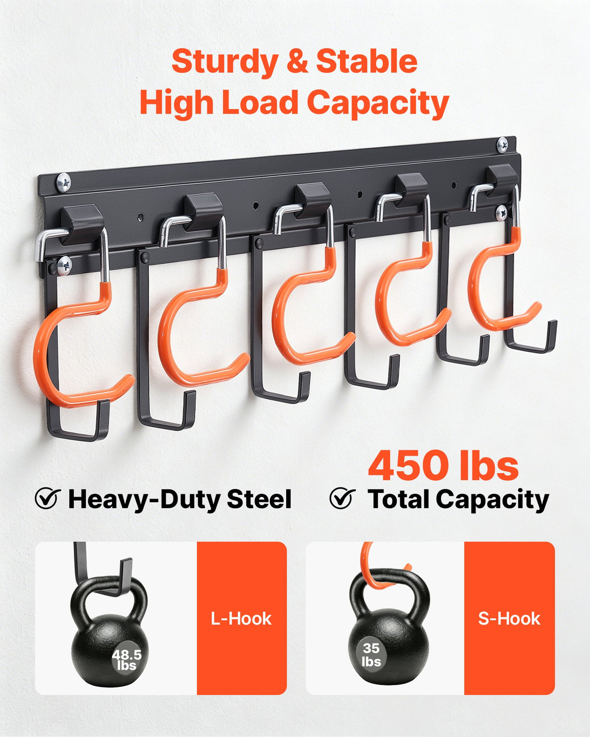 Garage Tool Organizer 1727.2 mm 204 kg Wall Mount Garden Tool Rack, Heavy Duty Hanging Storage Organization, 4 Rails with 24 Fixed L-Hooks, 20 Adjustable S-Hooks, for Yard Tools, Shovel, Shed