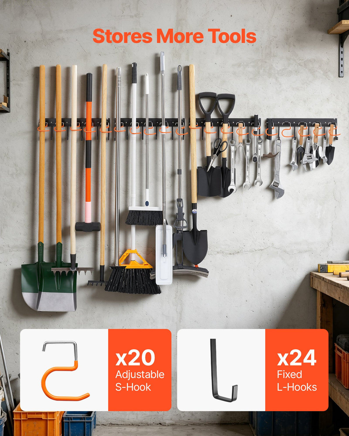 Garage Tool Organizer 1727.2 mm 204 kg Wall Mount Garden Tool Rack, Heavy Duty Hanging Storage Organization, 4 Rails with 24 Fixed L-Hooks, 20 Adjustable S-Hooks, for Yard Tools, Shovel, Shed