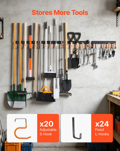 Garage Tool Organizer 1727.2 mm 204 kg Wall Mount Garden Tool Rack, Heavy Duty Hanging Storage Organization, 4 Rails with 24 Fixed L-Hooks, 20 Adjustable S-Hooks, for Yard Tools, Shovel, Shed