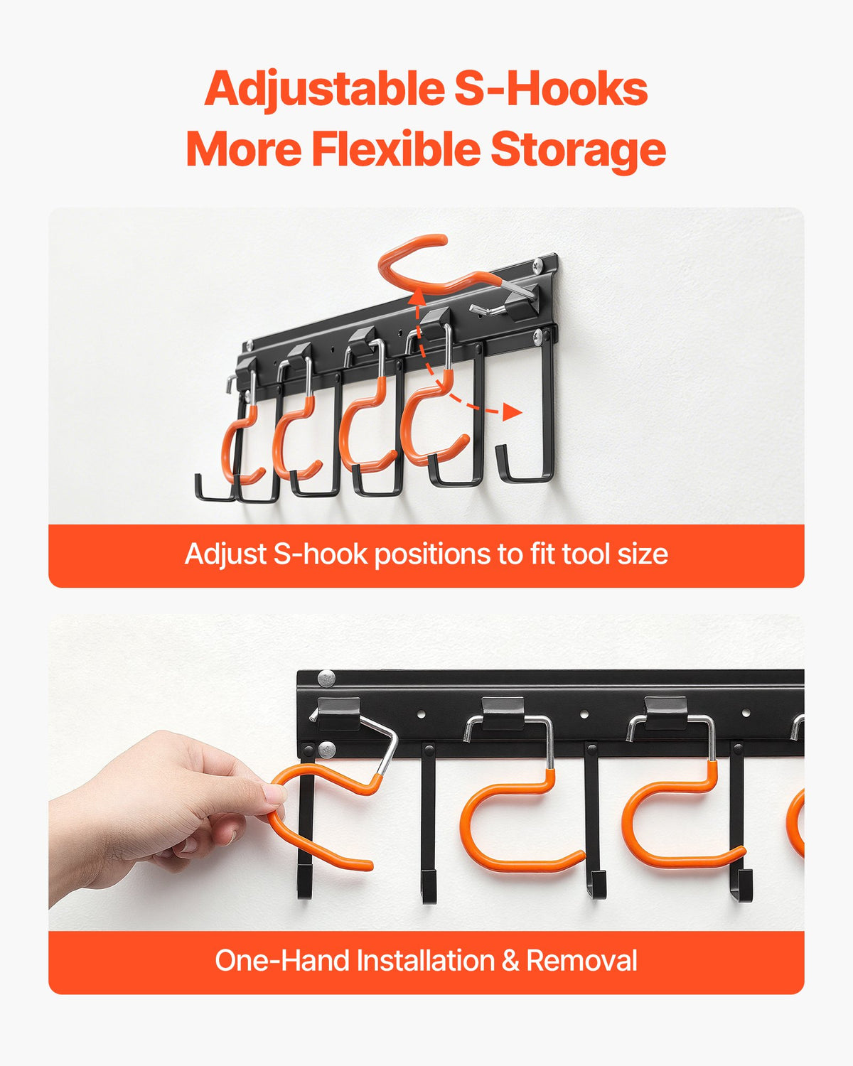 Garage Tool Organizer 1727.2 mm 204 kg Wall Mount Garden Tool Rack, Heavy Duty Hanging Storage Organization, 4 Rails with 24 Fixed L-Hooks, 20 Adjustable S-Hooks, for Yard Tools, Shovel, Shed