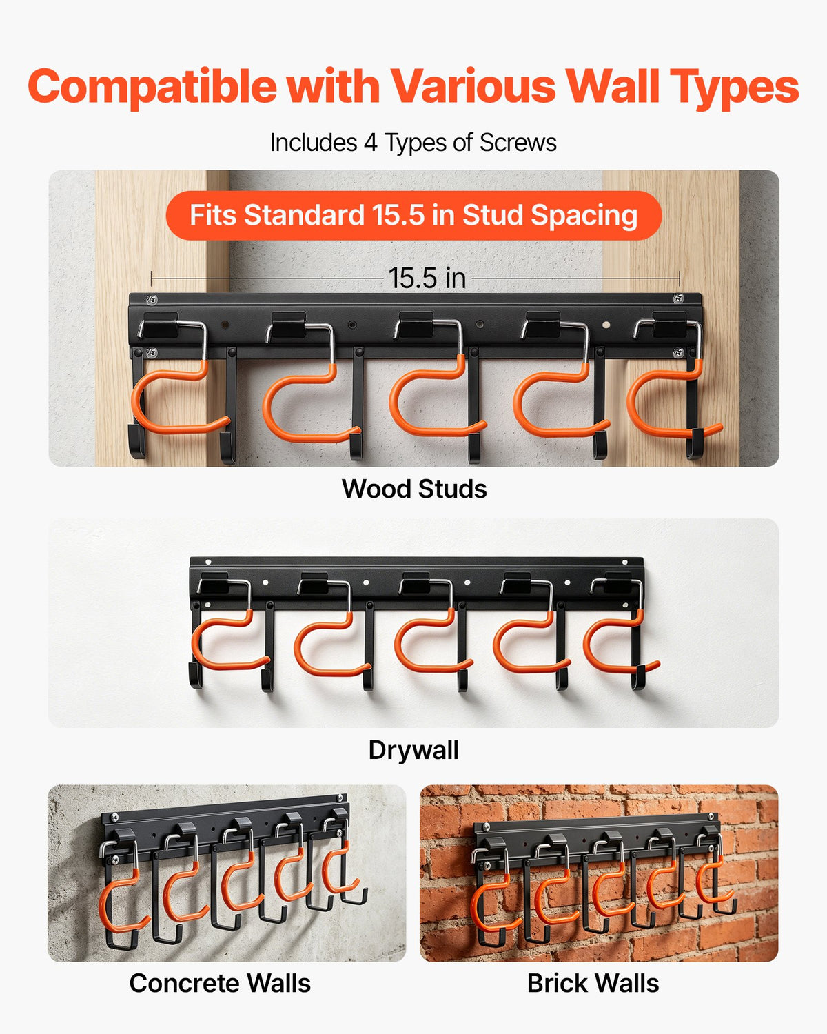 Garage Tool Organizer 1727.2 mm 204 kg Wall Mount Garden Tool Rack, Heavy Duty Hanging Storage Organization, 4 Rails with 24 Fixed L-Hooks, 20 Adjustable S-Hooks, for Yard Tools, Shovel, Shed