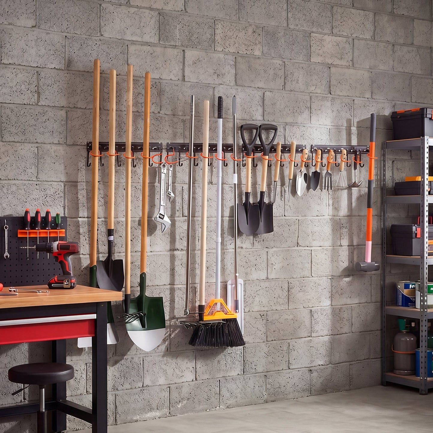 Garage Tool Organizer 1727.2 mm 204 kg Wall Mount Garden Tool Rack, Heavy Duty Hanging Storage Organization, 4 Rails with 24 Fixed L-Hooks, 20 Adjustable S-Hooks, for Yard Tools, Shovel, Shed