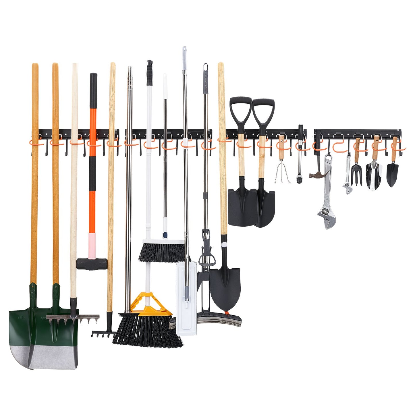 Garage Tool Organizer 1727.2 mm 204 kg Wall Mount Garden Tool Rack, Heavy Duty Hanging Storage Organization, 4 Rails with 24 Fixed L-Hooks, 20 Adjustable S-Hooks, for Yard Tools, Shovel, Shed