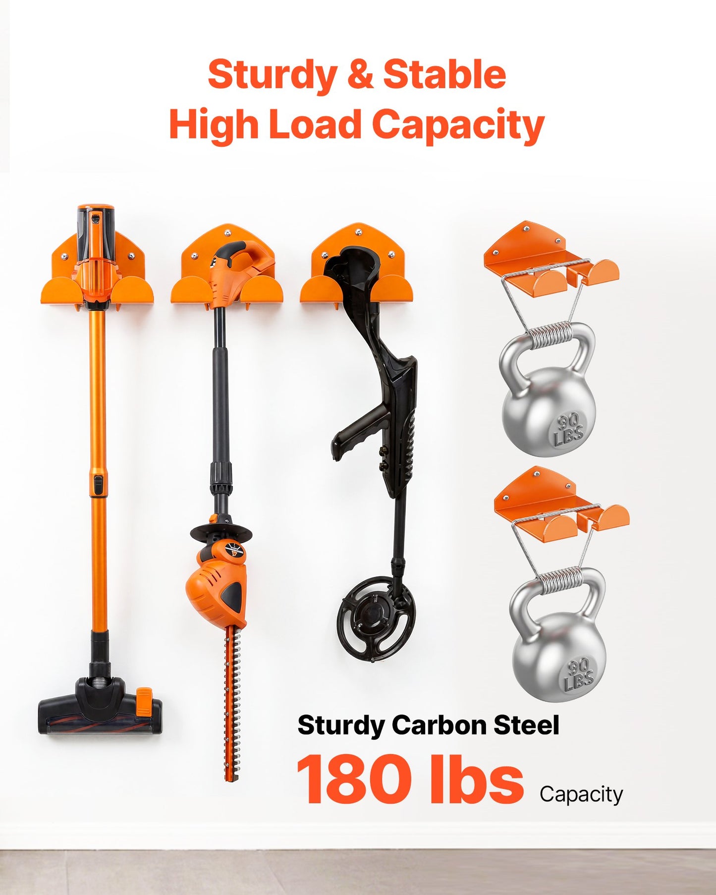 Garage Organizer Trimmer Rack 150 mm 2 Pack 82 kg Total Capacity, Wall Mount Garden Power Tool Hanger Weed Whackers Holder for Grass/Hedge Trimmer, Leaf Blower, Chainsaw, Garden Tools, Orange