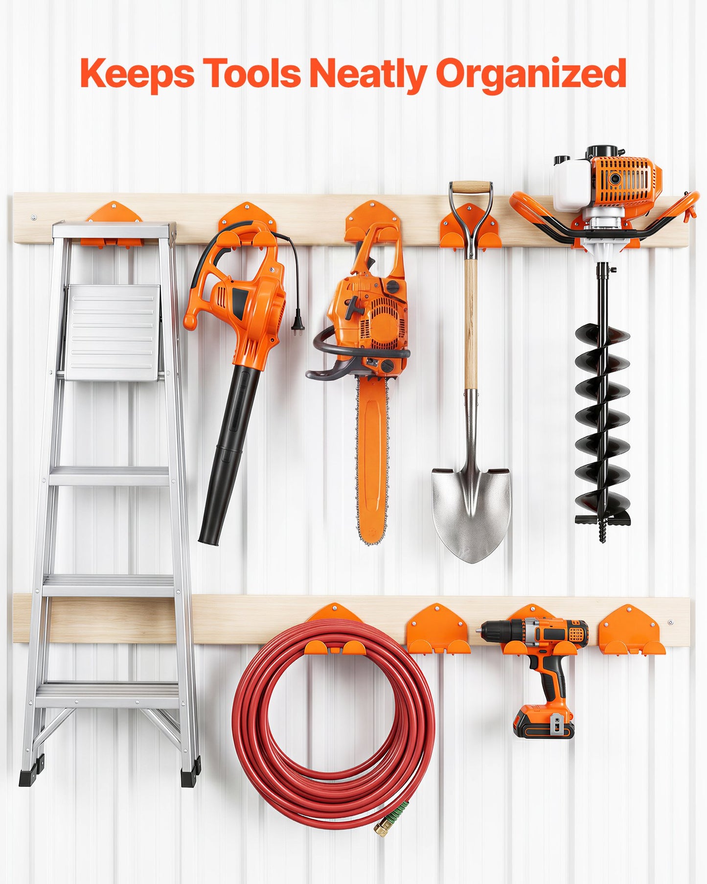 Garage Organizer Trimmer Rack 150 mm 2 Pack 82 kg Total Capacity, Wall Mount Garden Power Tool Hanger Weed Whackers Holder for Grass/Hedge Trimmer, Leaf Blower, Chainsaw, Garden Tools, Orange