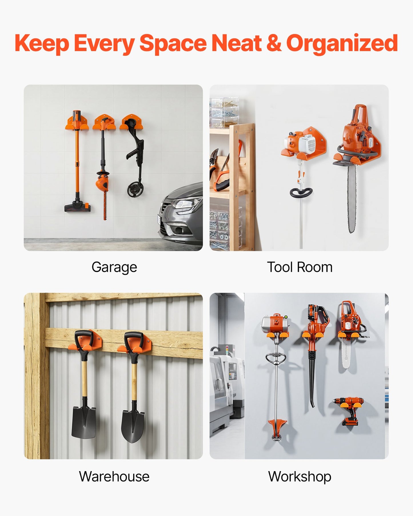 Garage Organizer Trimmer Rack 150 mm 2 Pack 82 kg Total Capacity, Wall Mount Garden Power Tool Hanger Weed Whackers Holder for Grass/Hedge Trimmer, Leaf Blower, Chainsaw, Garden Tools, Orange