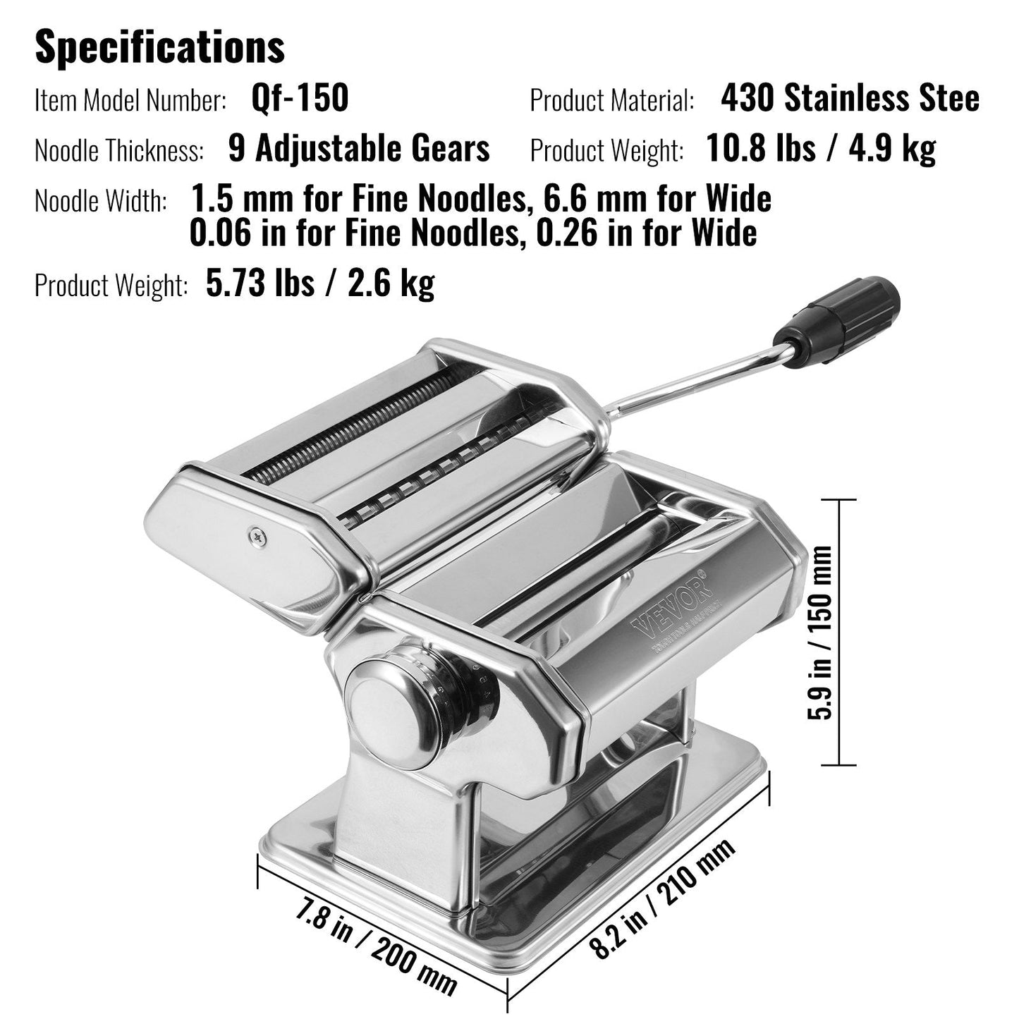 Manual Pasta Maker with 9 Thickness Settings, Stainless Steel, 2.6 kg