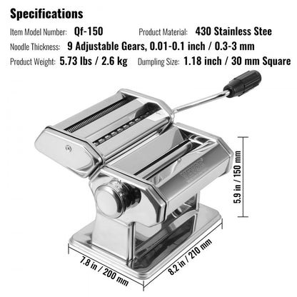 Pasta Maker Machine, 9 Adjustable Thickness Settings Noodles Maker, Stainless Steel Noodle Rollers and Cutter, Manual Ha