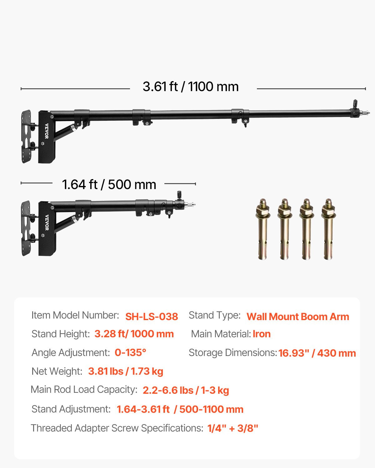 VEVOR Wall Mount Triangle Boom Arm Light Stand 39.37in/100cm Ring Light Support