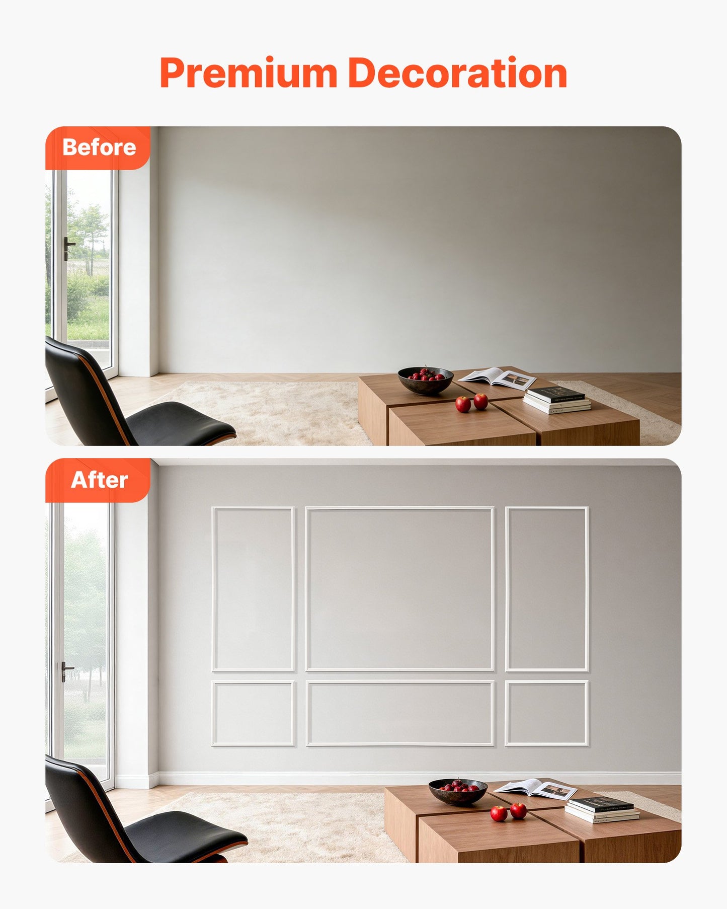 Wall Molding 3 Pack, Wainscoting Panels Kit, Lightweight Paintable Polystyrene, Easy to Install Accent Wall Trim for Interior Décor Living Room, Bedroom, Home, White (79x160 + 79x61 cm)