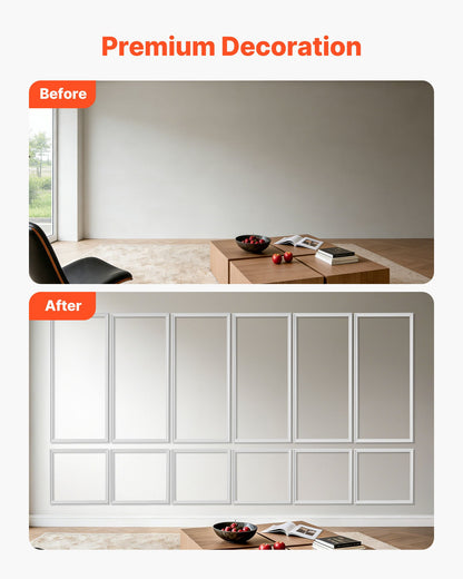 Wall Molding 6 Pack, Wainscoting Panels Kit, Lightweight Paintable Polystyrene, Easy to Install, Waterproof Accent Wall Trim for Interior Décor Living Room, Bedroom, White (61x137 + 61x61 cm)