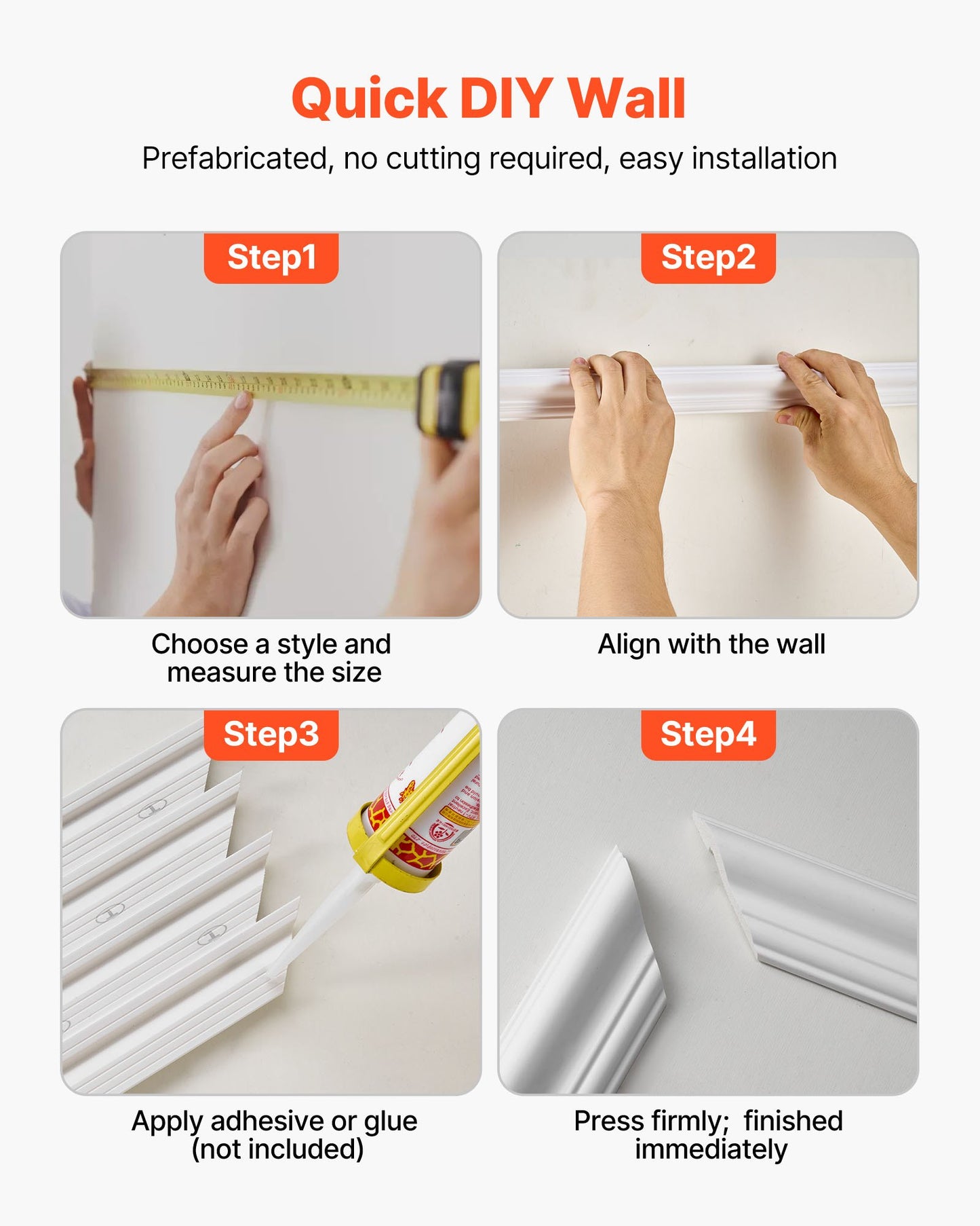 Wall Molding 6 Pack, Wainscoting Panels Kit, Lightweight Paintable Polystyrene, Easy to Install, Waterproof Accent Wall Trim for Interior Décor Living Room, Bedroom, White (61x137 + 61x61 cm)
