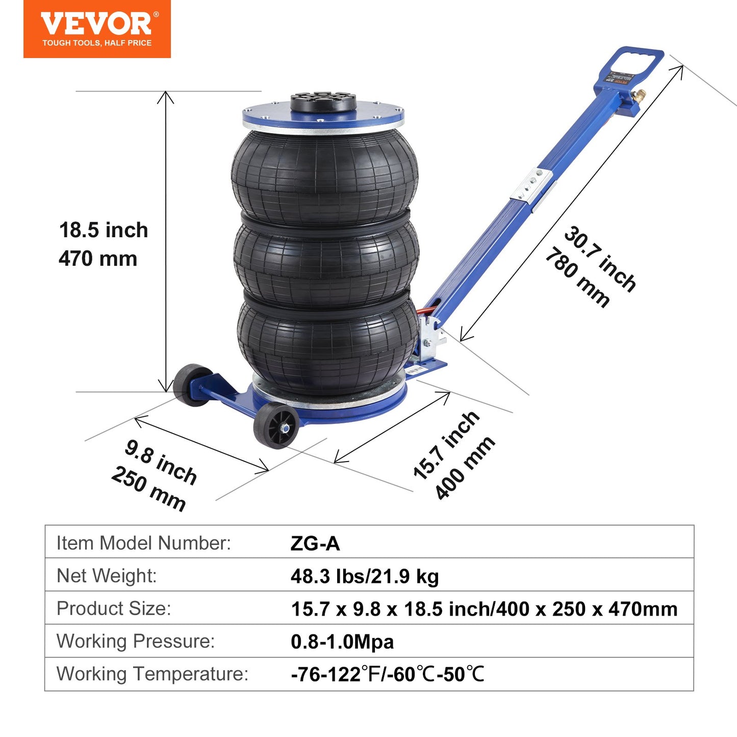 VEVOR Air Jack, 5 Ton/11000 lbs Triple Bag Air Jack, Airbag Jack with Six Steel