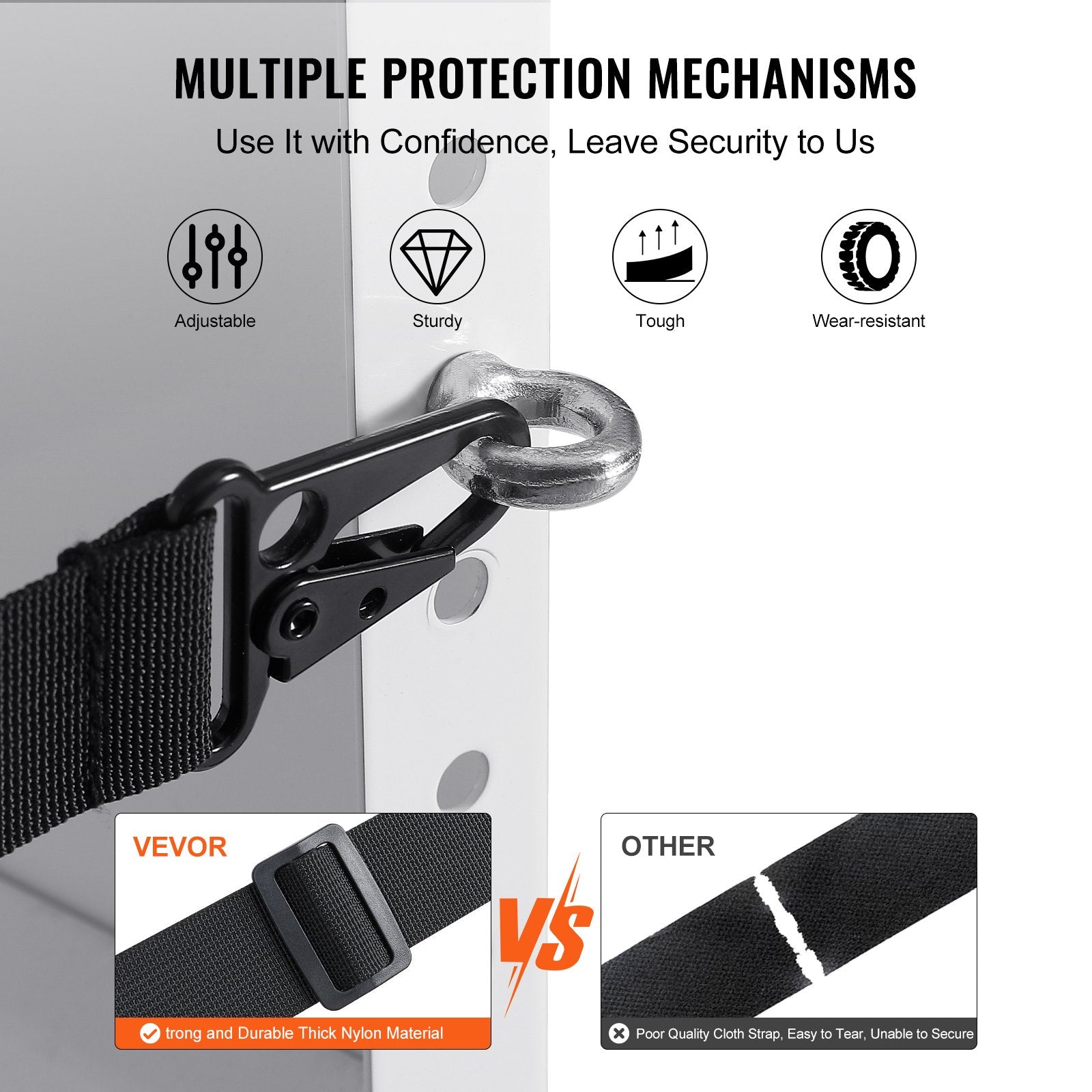 Nylon straps and steel hanging rings secure refrigerant bottles quickly for safe storage and travel