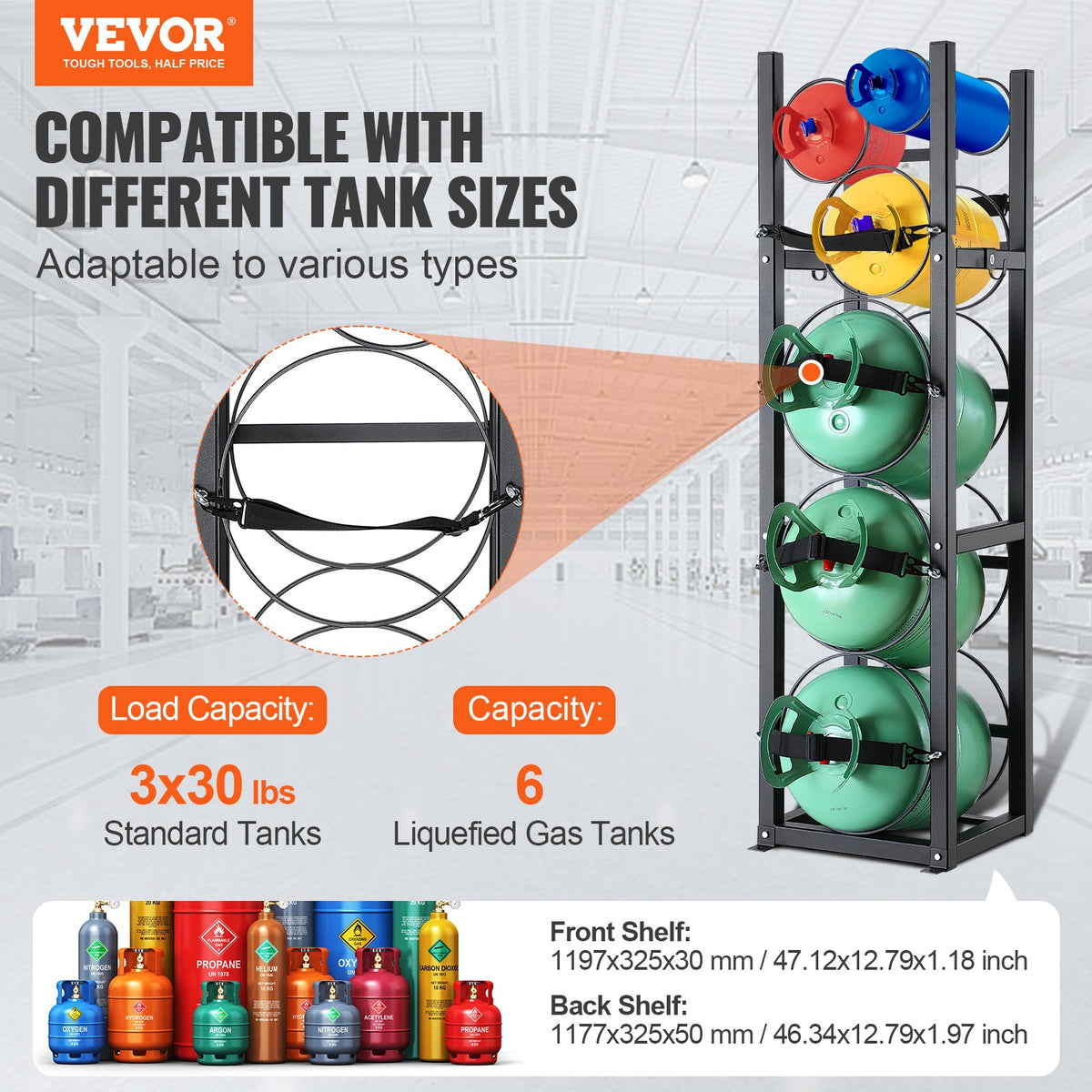VEVOR Refrigerant Tank Rack, with 3 x 30lbs and Other 3 Small Bottle Tanks, Cylinder