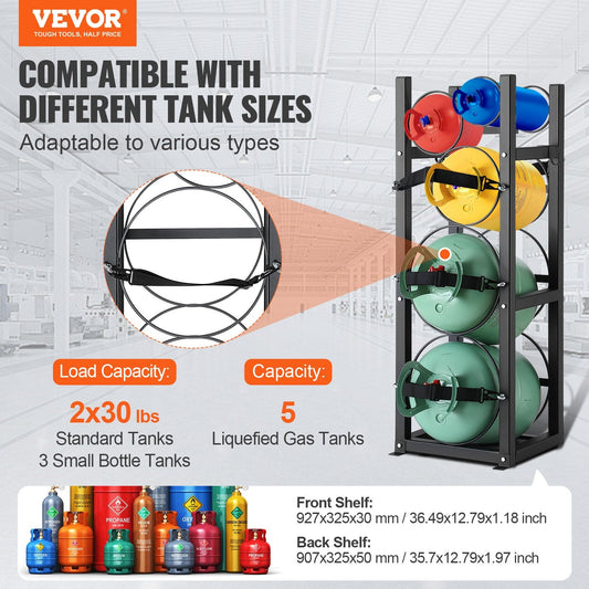 Compact carbon steel gas tank rack fits warehouses and service vehicles for organized cylinder storage