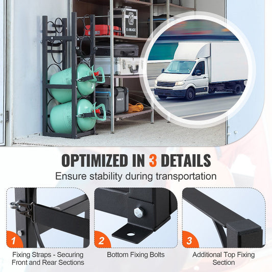 Refrigerant cylinder rack stores two 30-pound tanks and three smaller bottles securely