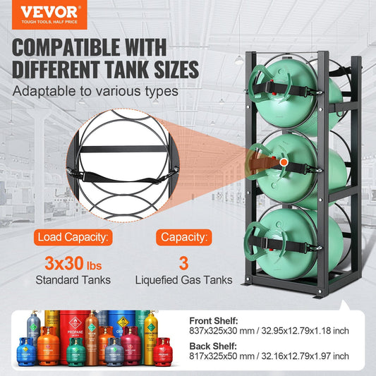 Heavy-duty refrigerant tank rack supports three 30-pound liquefied gas cylinders with reliable stability