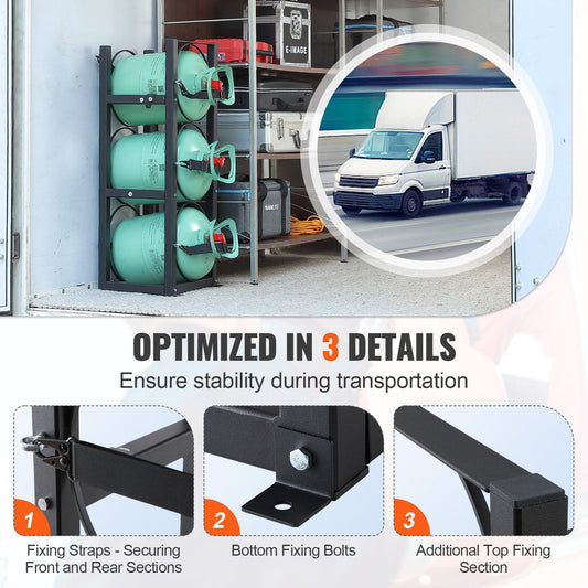 Three-tank refrigerant cylinder rack made from durable carbon steel for secure storage and transport