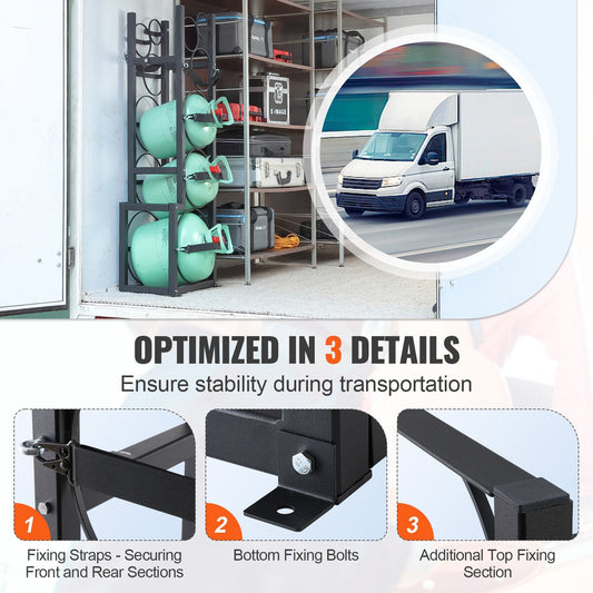Carbon steel refrigerant rack holds one 50-pound, two 30-pound, and three small cylinders