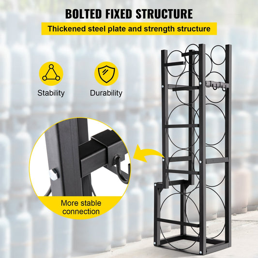 Heavy-duty carbon steel tank rack stores one 50-pound, two 30-pound, and three small bottles