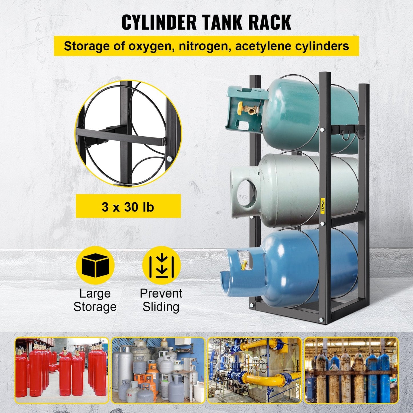 Refrigerant Cylinder Rack with 3x13.6kg Capacity for Gas Storage, Carbon Steel
