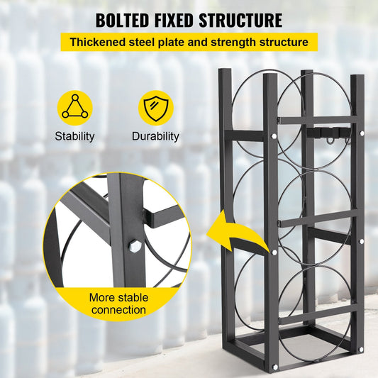 Three-cylinder carbon steel rack stores 30-pound gas bottles securely for transport or storage