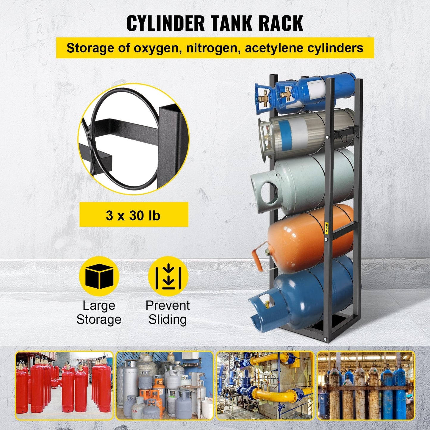 Refrigerant Cylinder Rack with 3 Large and 3 Small Bottle Holders, Carbon Steel